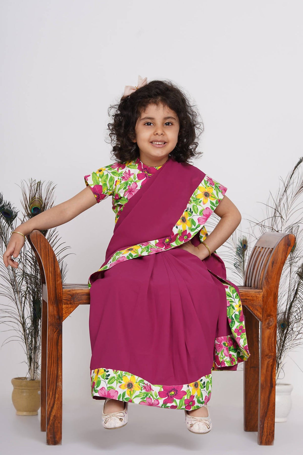 Little Bansi Girls Floral Print Ready to Wear Saree and Floral Blouse - Magenta | Grocsy
