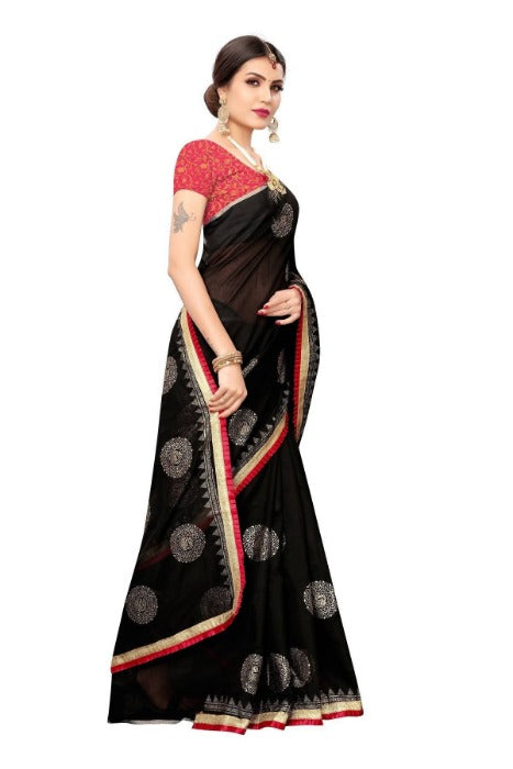 Vamika Chanderi Cotton Foil Print Black Saree (GOLDEN BIRD BLACK) | Grocsy