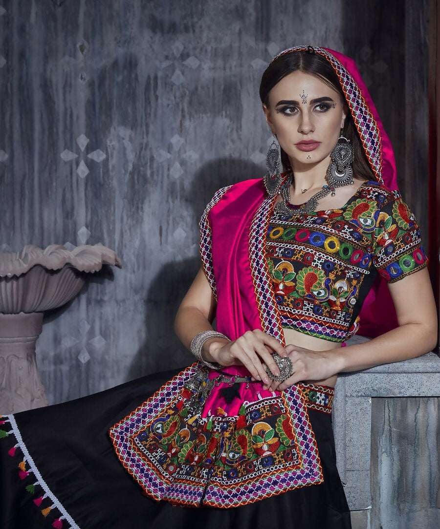AI Fashion Black Art Silk Designer Navratri Lehenga Choli Collection | Grocsy
