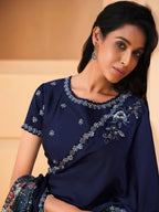 Blue Satin Crepe Silk Sequence Embroidered Saree With Unstitched Blouse - Mohmanthan Yavanika | Grocsy