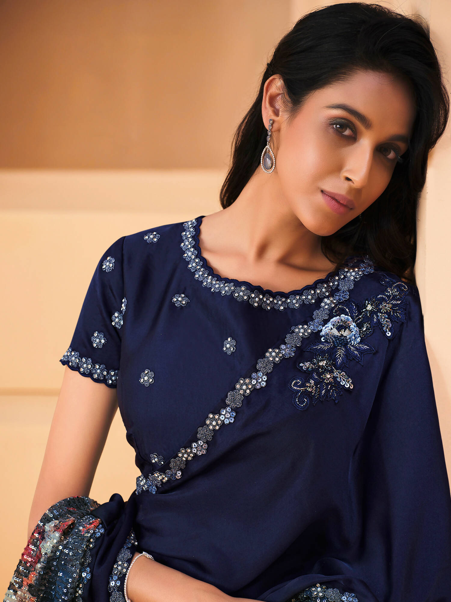 Blue Satin Crepe Silk Sequence Embroidered Saree With Unstitched Blouse - Mohmanthan Yavanika | Grocsy