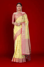 Yellow Soft Organza Woven Design Saree With Unstitched Blouse Piece - Zaara | Grocsy