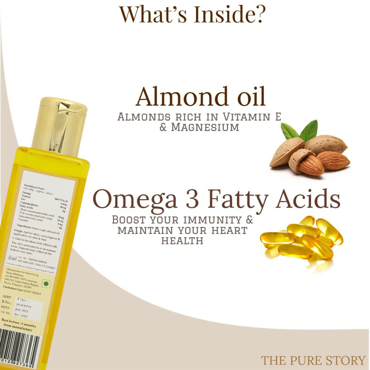 The Pure Story Sweet Almond Oil Pure Cold Pressed For Hair, Skin, Face Care & Massage | Grocsy