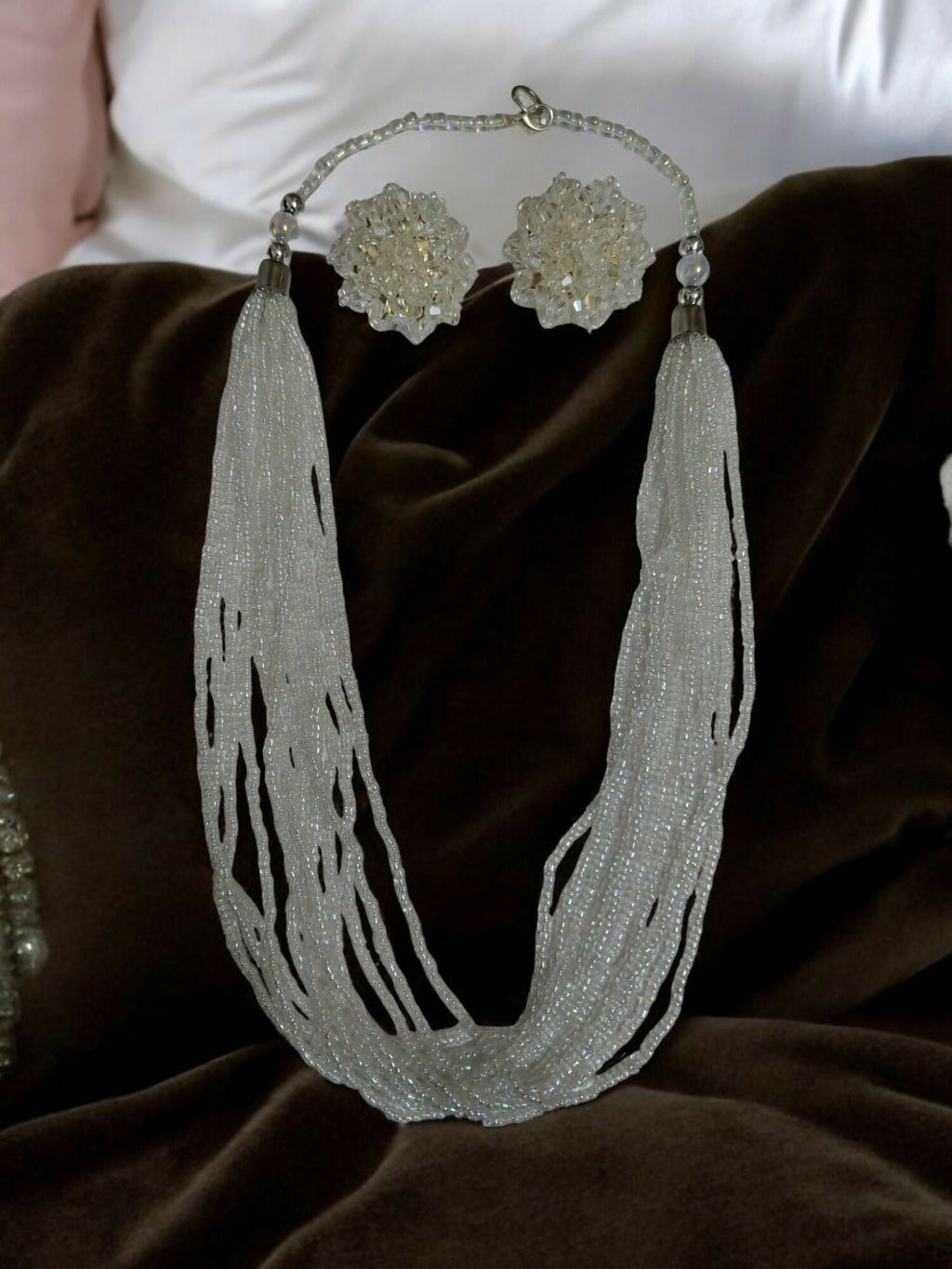Inhanns Bloom Handmade Beaded Necklace With Earrings - 12 Layers - Ivory | Grocsy