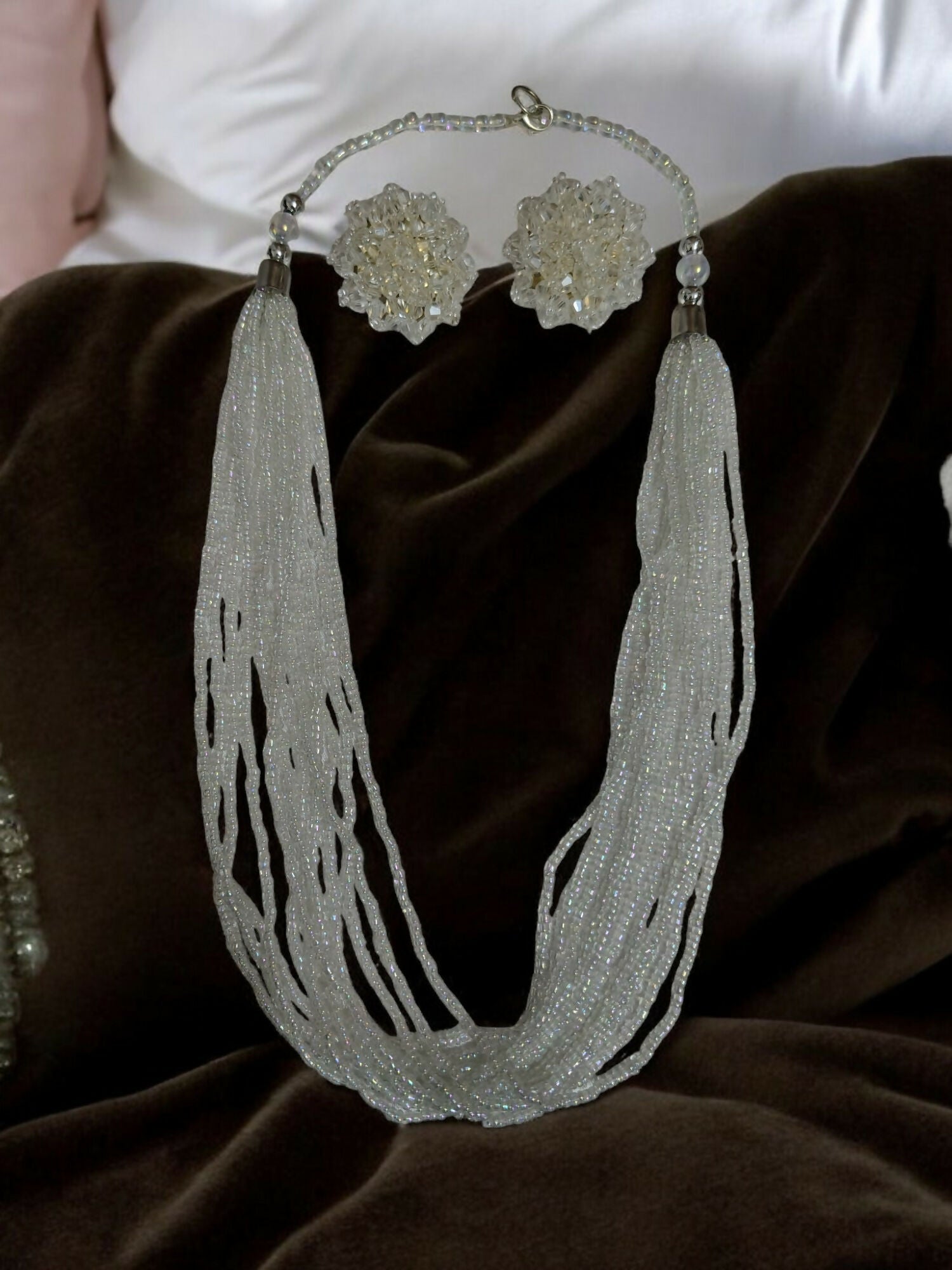 Inhanns Bloom Handmade Beaded Necklace With Earrings - 12 Layers - Ivory | Grocsy
