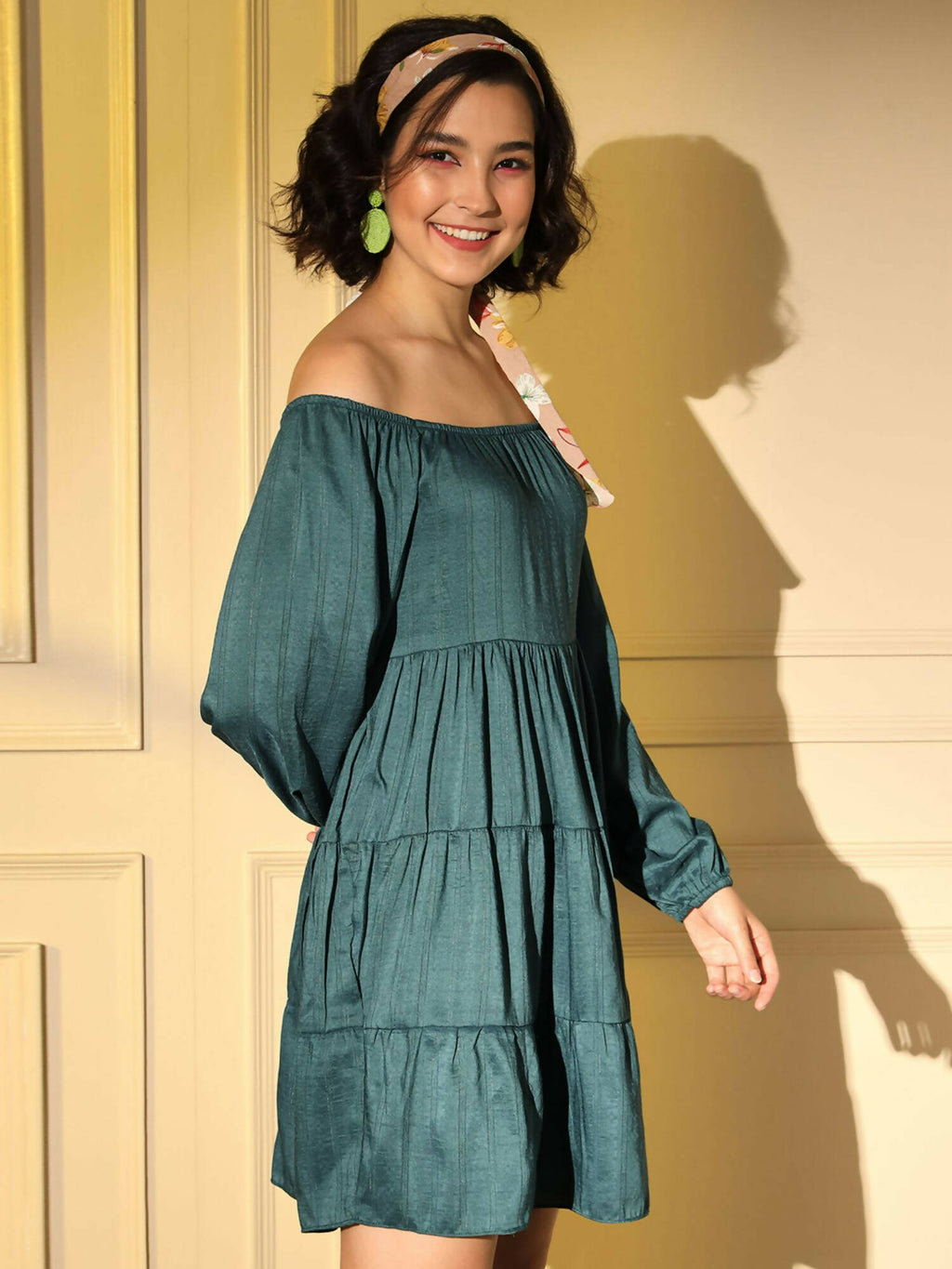Teal Viscose Solid Design Flared Dress - Shivani | Grocsy
