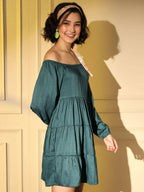 Teal Viscose Solid Design Flared Dress - Shivani | Grocsy
