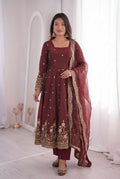 Teeya Creation Womens New Latest Trendy Elegant Maroon Embroidered Anarkali Suit Set with Scalloped Dupatta | Grocsy