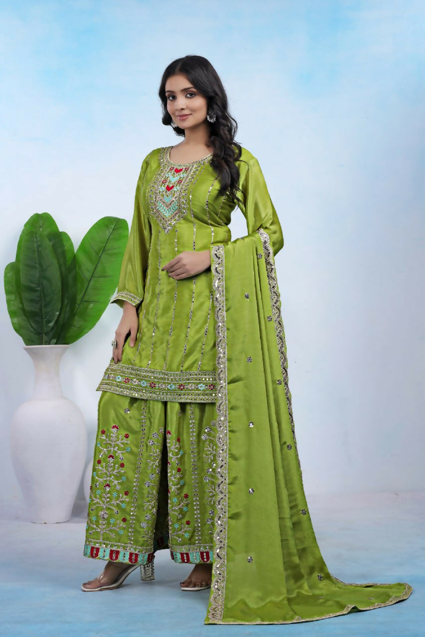 Joban Fashion Green Silk Embroidered Sharara Set | Grocsy