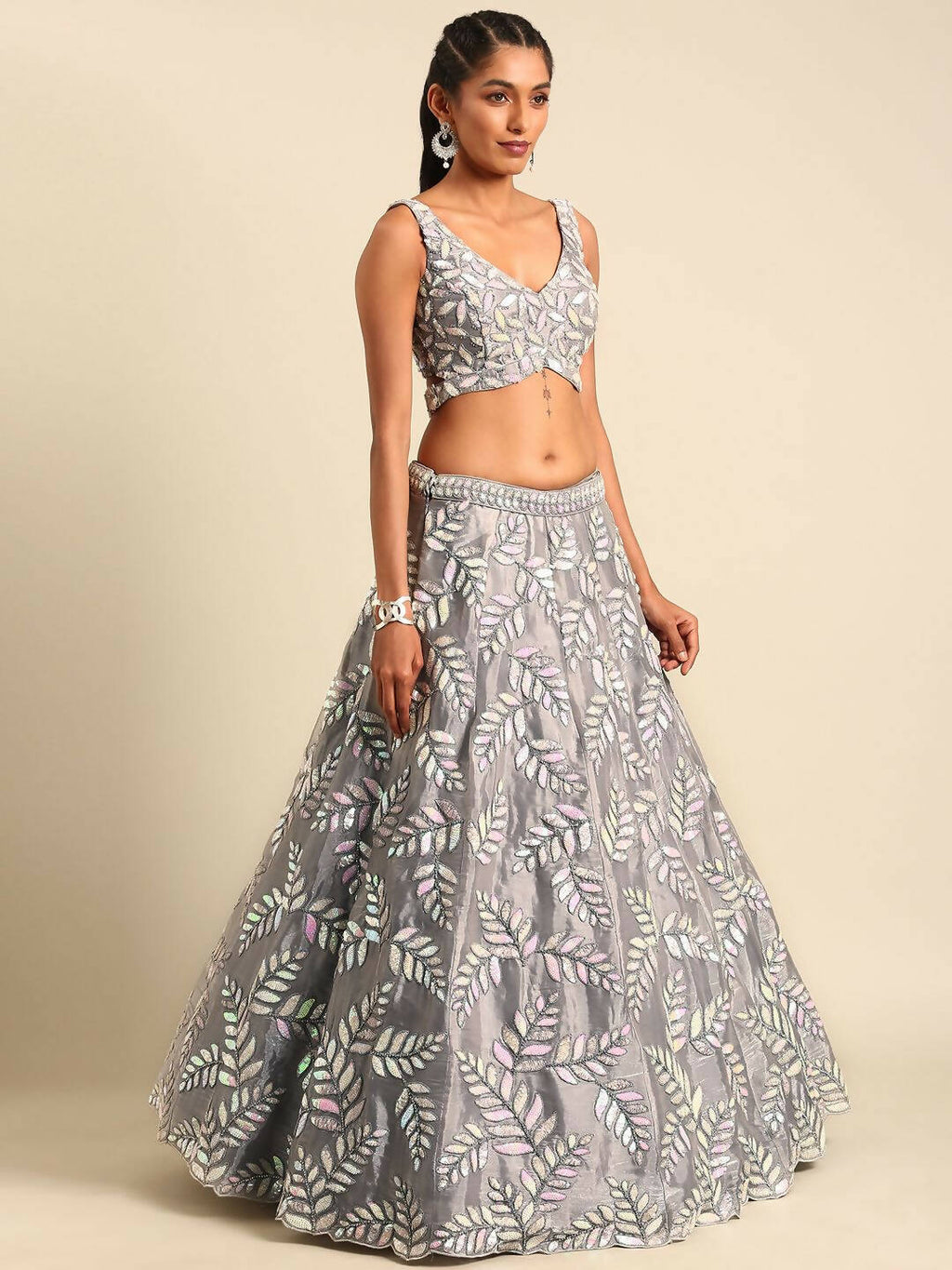 House of Panchhi Grey Organza Sequins & Zarkan embroidery Lehenga choli & Dupatta | Grocsy