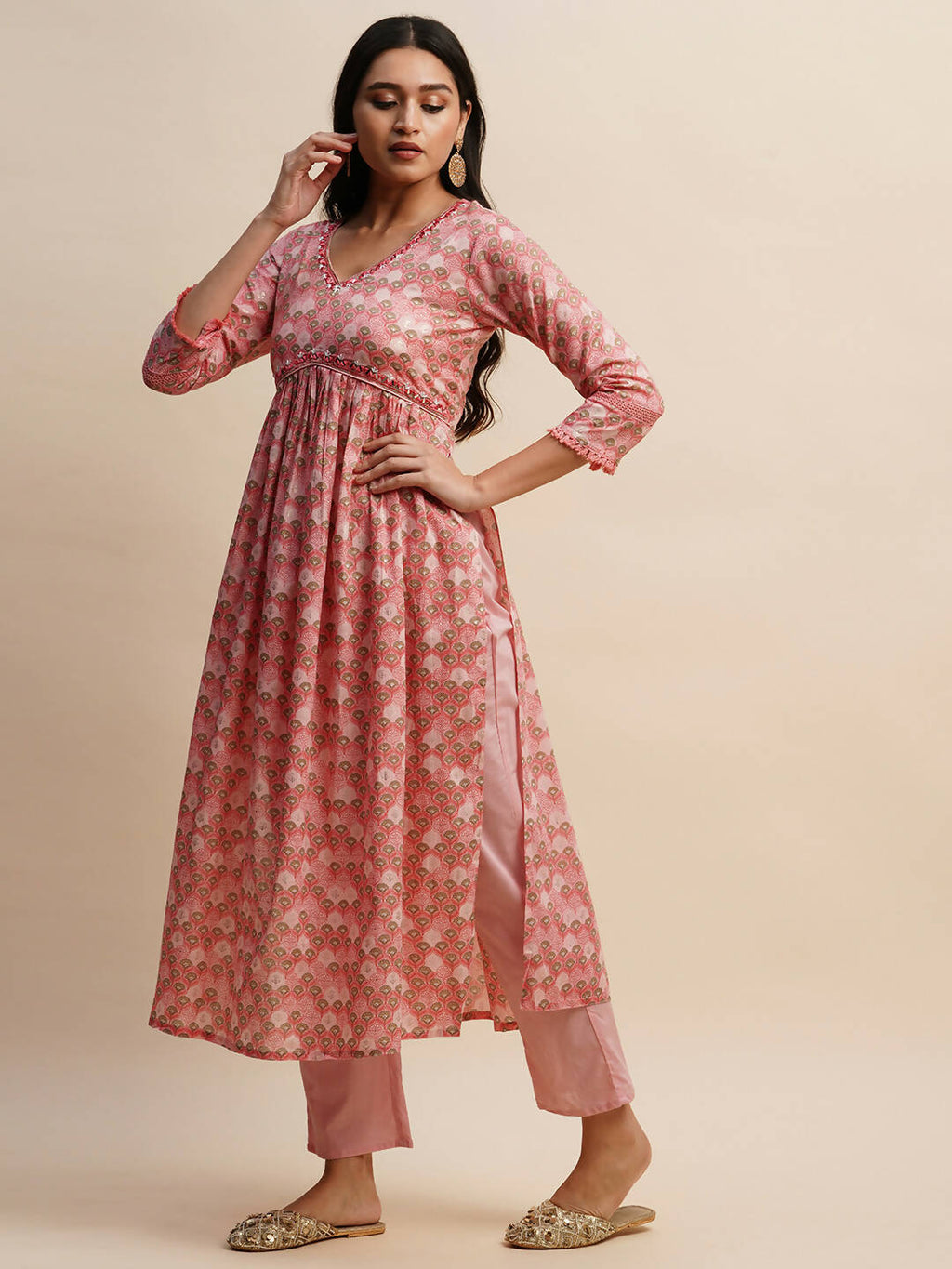 Pink Pure Cotton Floral Printed Naira Cut Kurta And Bottom With Dupatta - Akashara | Grocsy