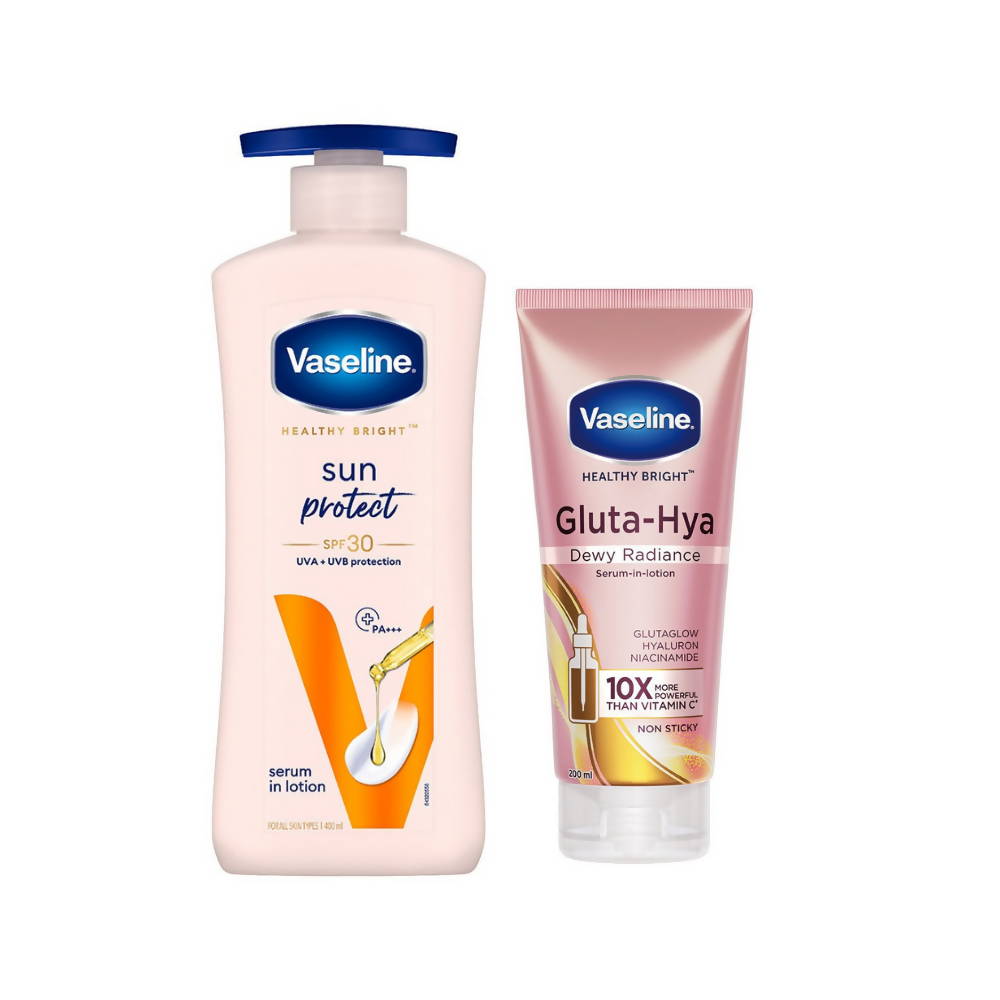 Vaseline Sun Protect SPF 30 Body Lotion & Gluta-Hya Dewy Radiance Serum-In-Lotion Combo | Grocsy