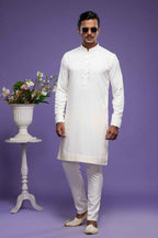 Raivat Ethnic Art Banarasi Silk Thread Work Kurta Pajama In Cream Colour | Grocsy