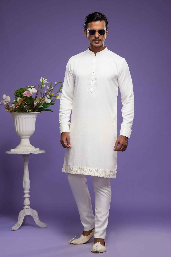 Raivat Ethnic Art Banarasi Silk Thread Work Kurta Pajama In Cream Colour | Grocsy