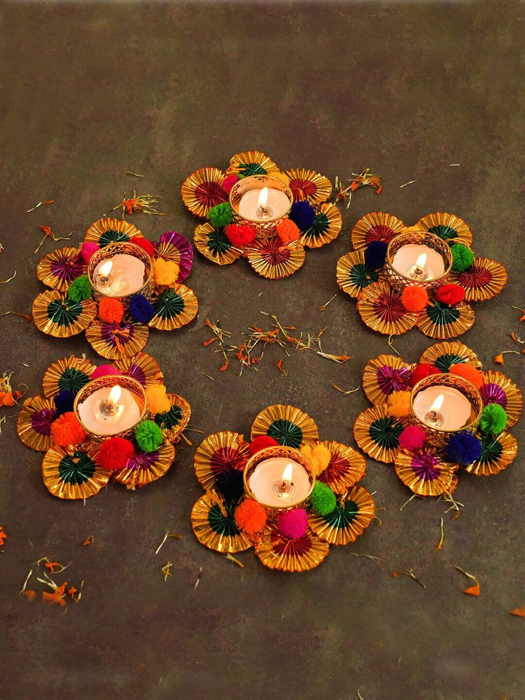 Tied Ribbons Multi Set of 6 Diwali Decoartion Flower Tealight Candle Holder | Grocsy