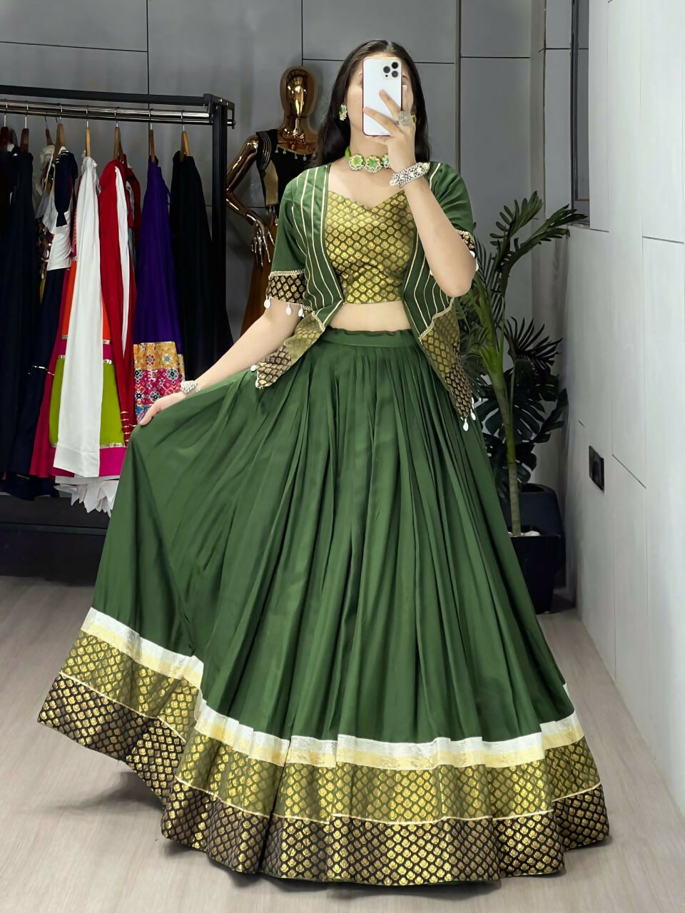 Yash Enterprise Mehndi Rayon Cotton Embroidery Semi Stitched Navratri Top Chaniya Choli | Grocsy