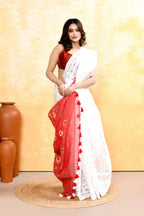 Piyari Fashion Women's White Embellished Cotton Blend Jamdani Saree | Grocsy