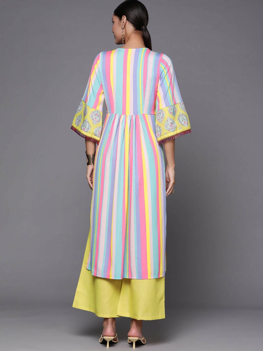 Ahalyaa Women Neon Green & Blue Candy Striped Kurta with Palazzos | Grocsy