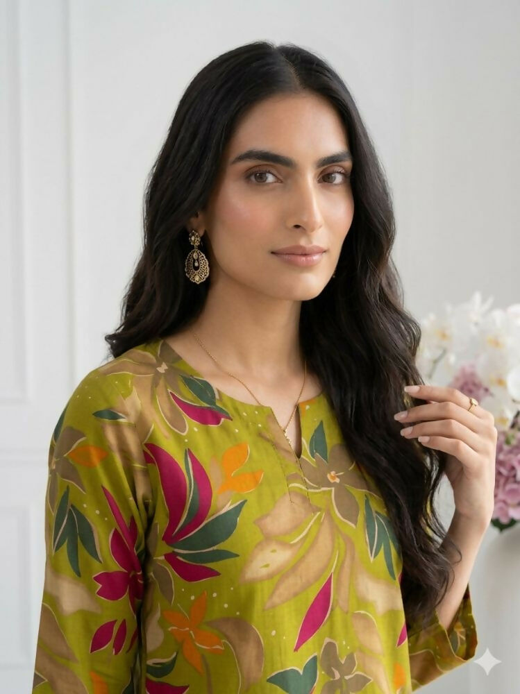 Teeya Creation Women New Latest Green Floral Printed Crepe Kurta with Palazzos Set | Grocsy