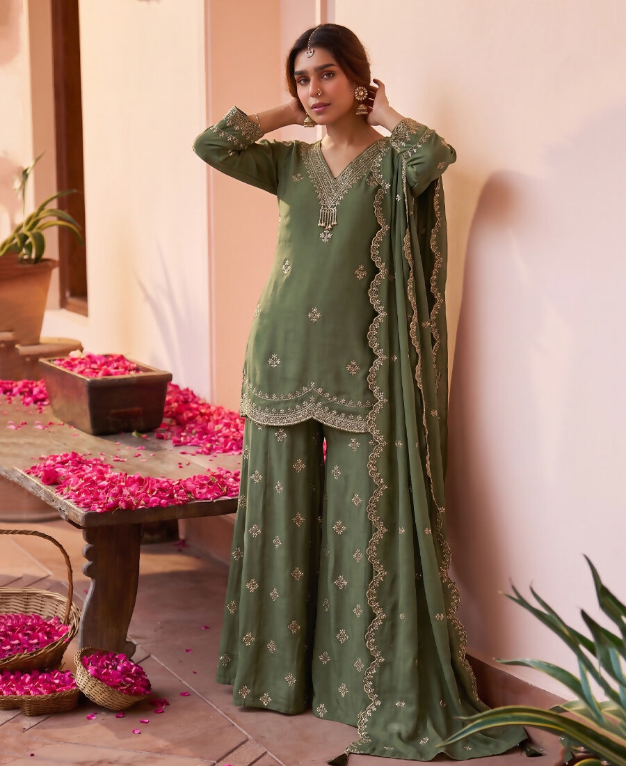 KC Roman Silk Palazzo Suit For Women Wedding Wear Green | Grocsy