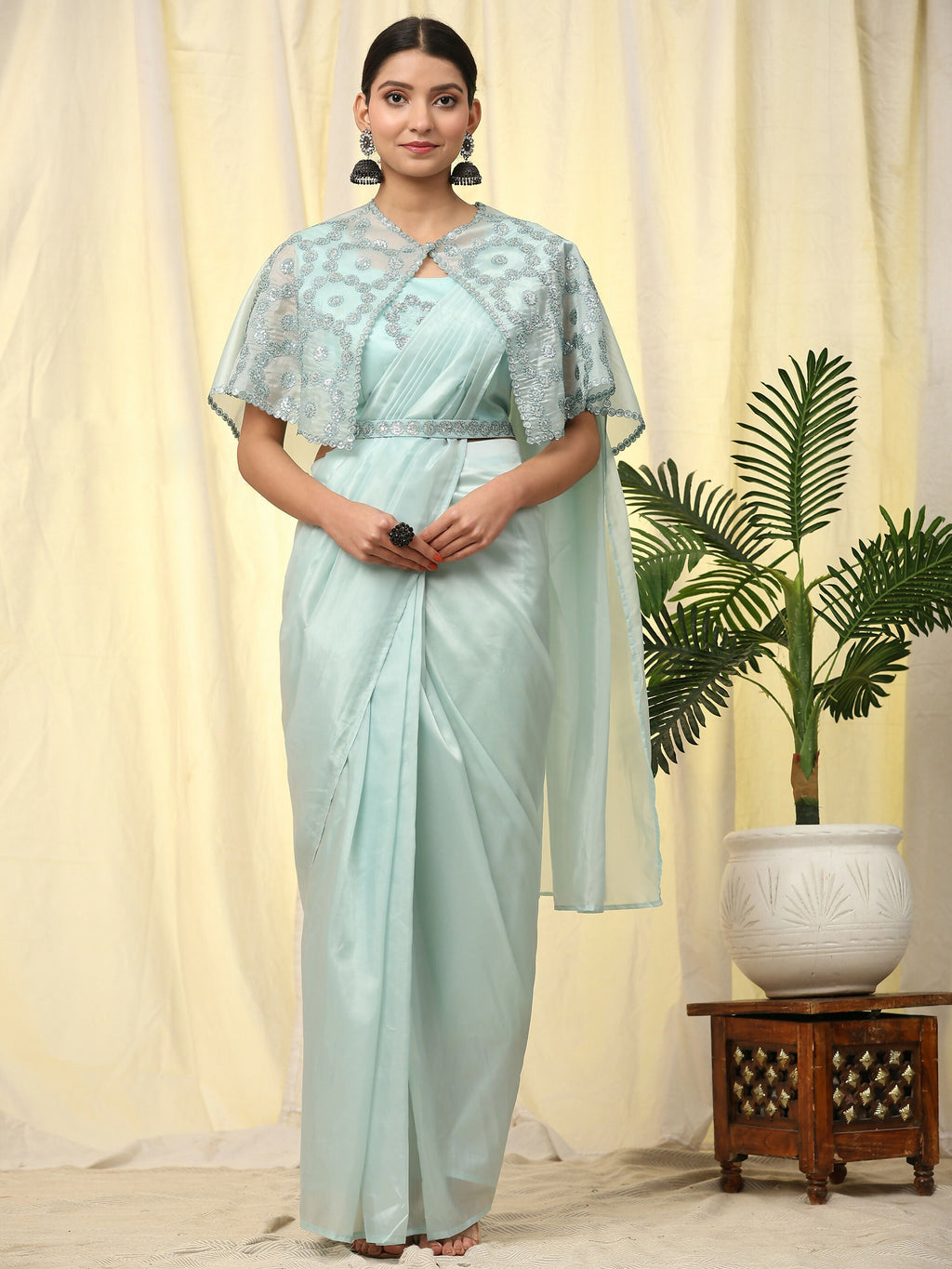 Blue Satin Solid Ready to wear Saree with stitched Blouse - Vanita | Grocsy