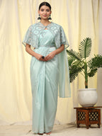 Blue Satin Solid Ready to wear Saree with stitched Blouse - Vanita | Grocsy