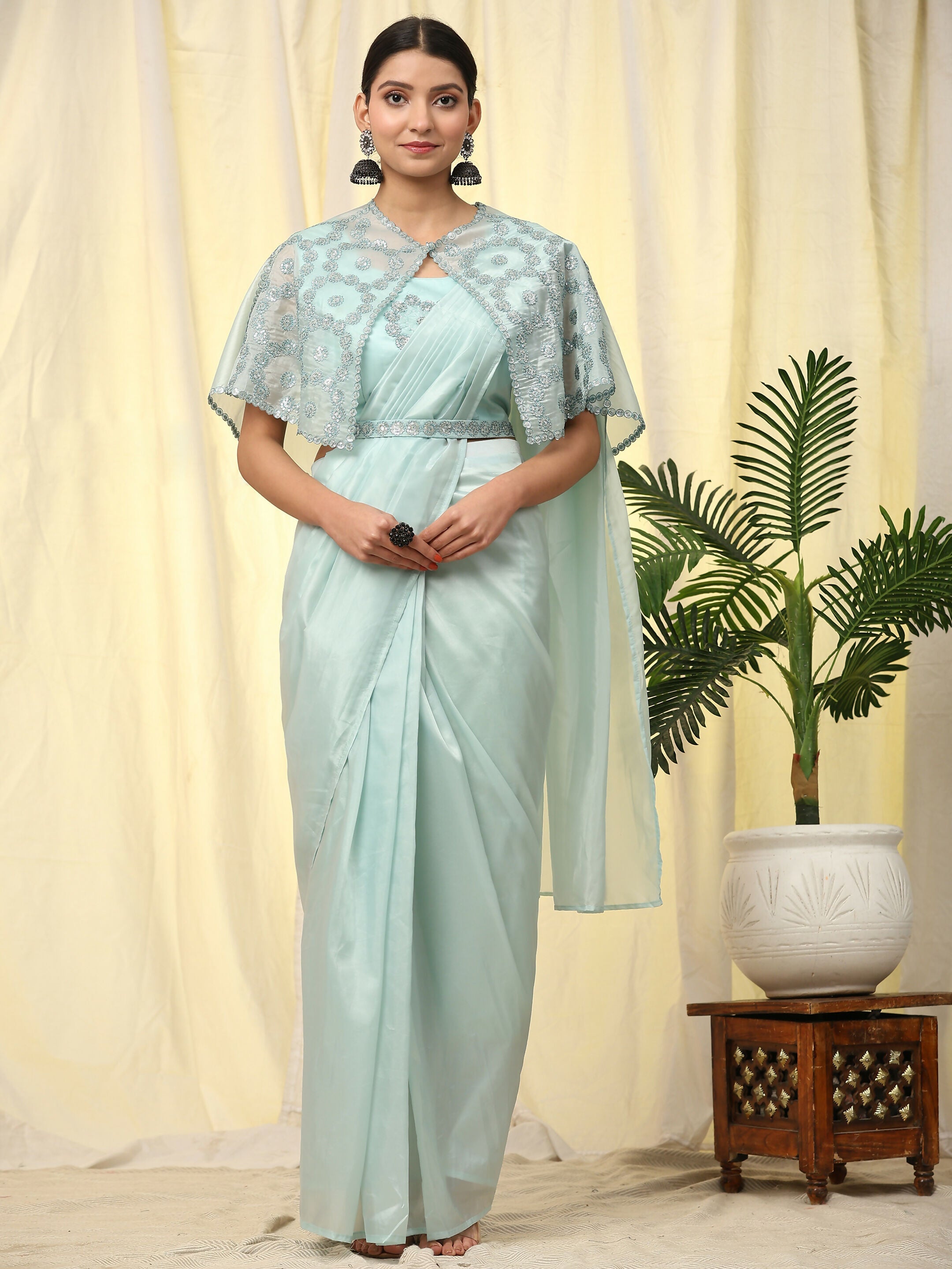 Blue Satin Solid Ready to wear Saree with stitched Blouse - Vanita | Grocsy