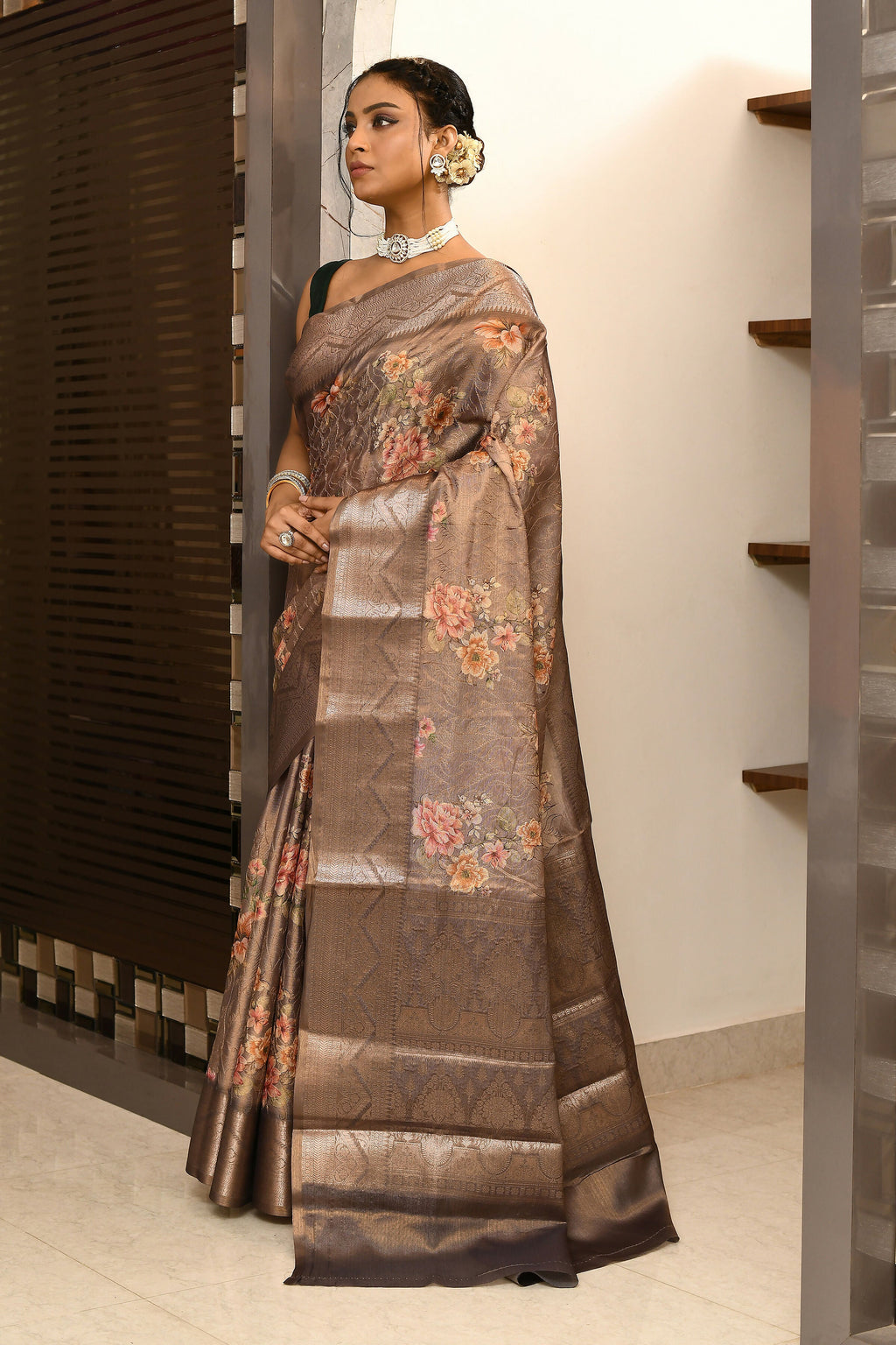 Joban Fashion Cofee Brown Saree Tissue Digital With Embroidery | Grocsy