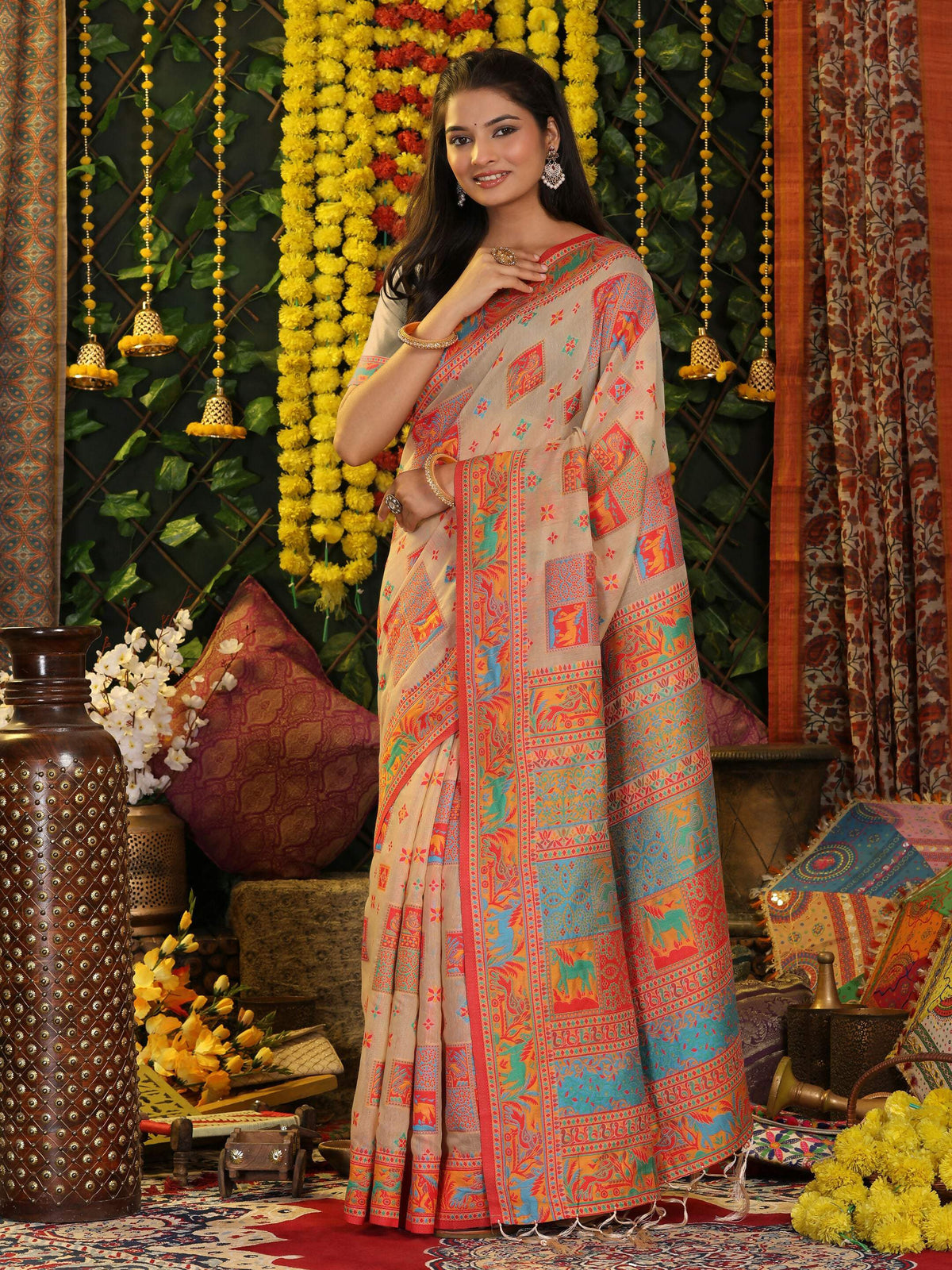 Shree Shyam Fashion Linen Cotton Off White Saree | Grocsy