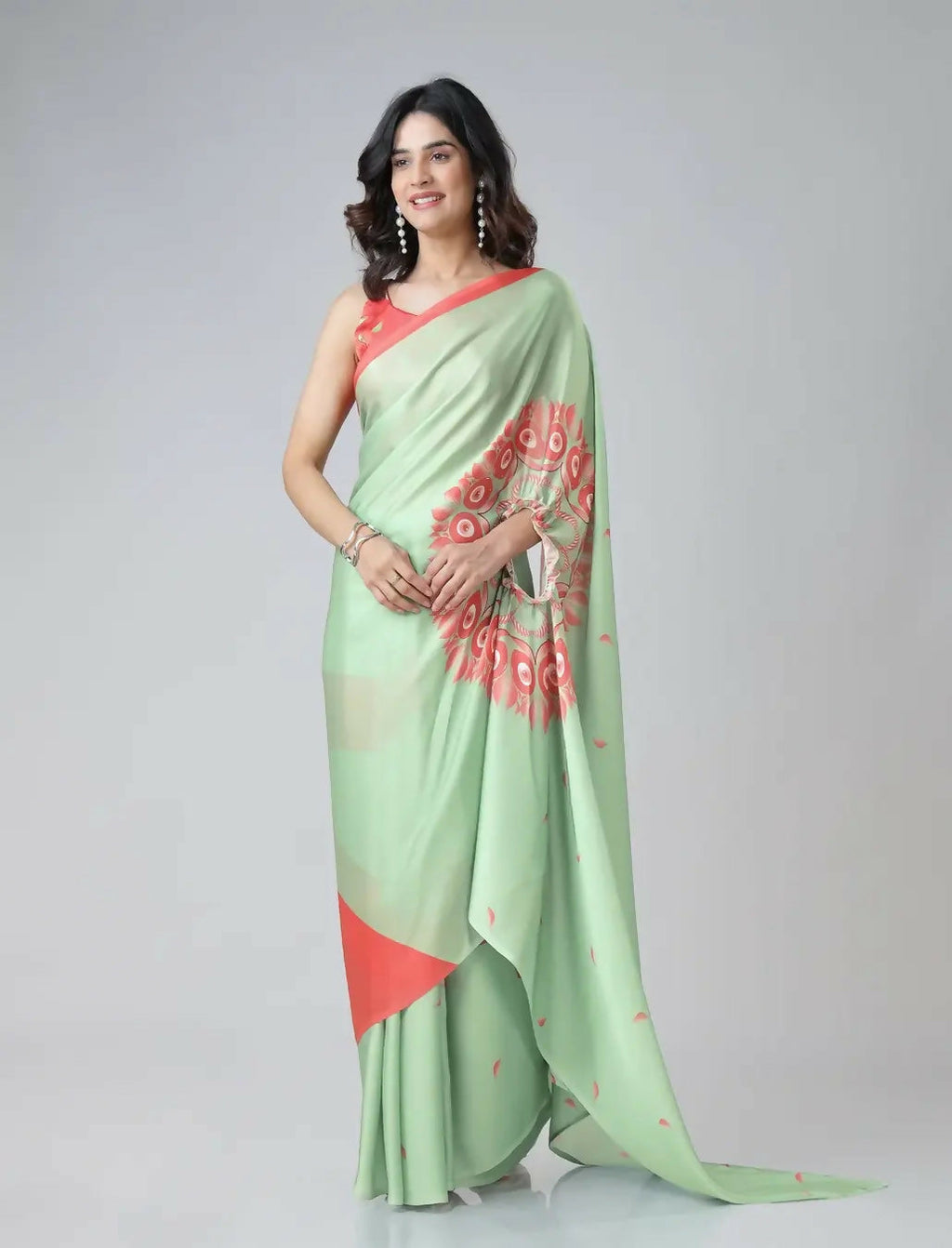 Vastranavya Mint Green & Coral Mandala Print Free Hand Ready to Wear Saree | Grocsy