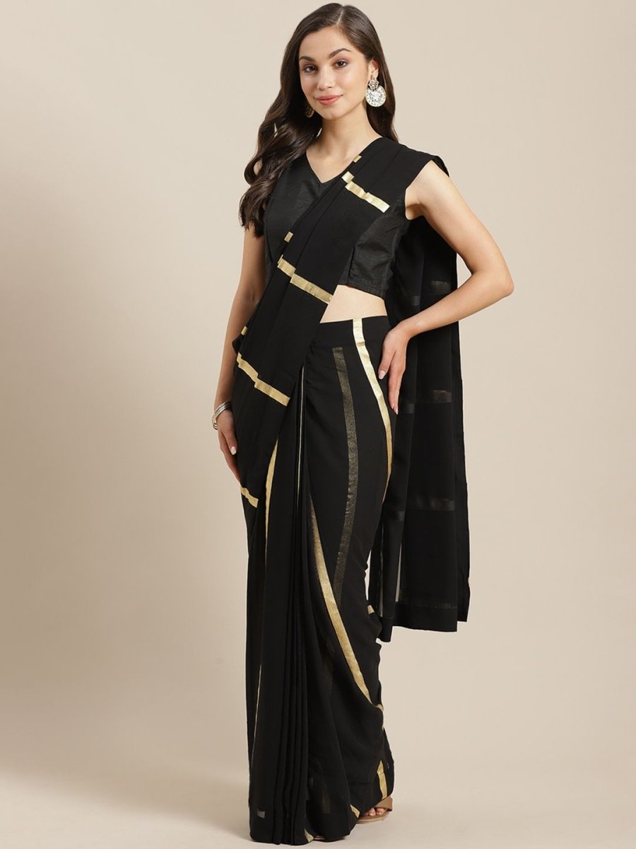 Ahalyaa Women's Black Georgette Gold Print Ready to Wear Saree | Grocsy