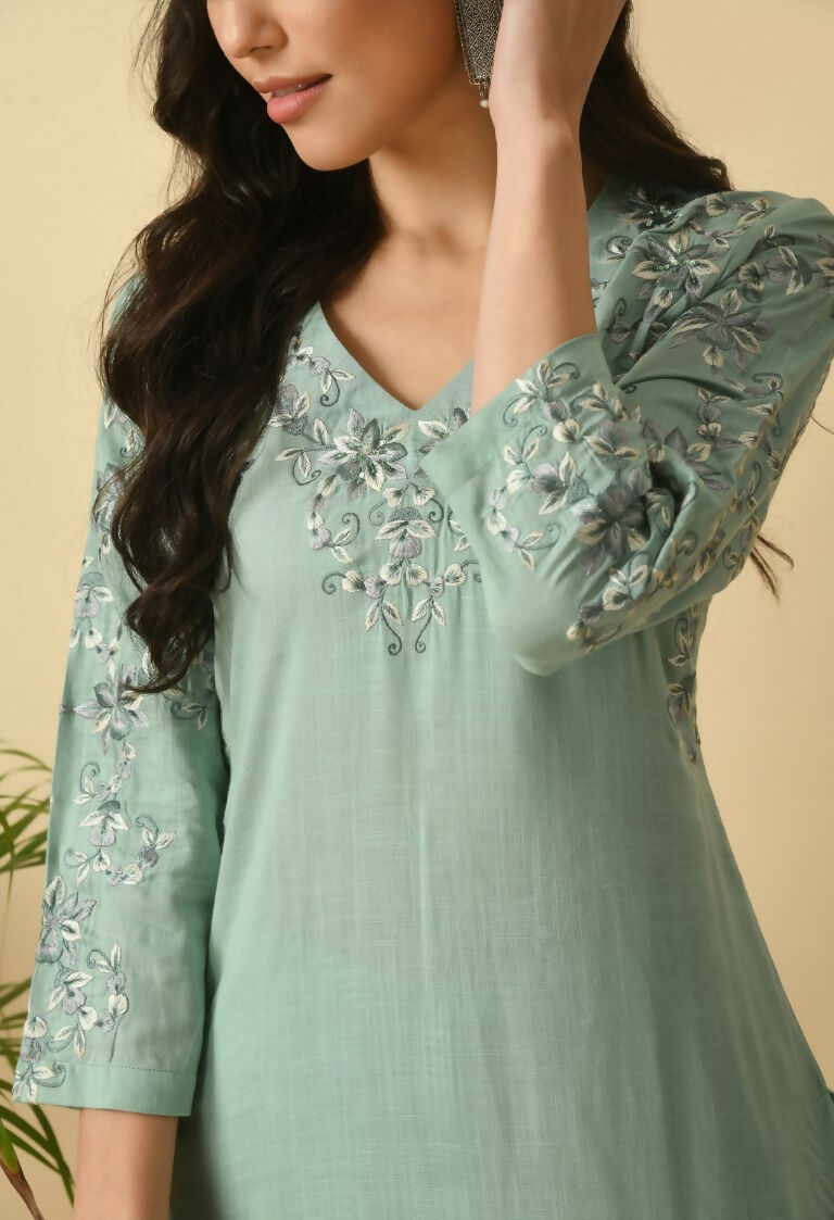 Joban Fashion Sea Green Cotton Rayon Kurta Set | Grocsy