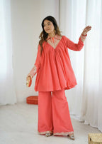Teeya Creation Fenta Heavy Chinnon Silk Embroidery Work Plazo pair | Grocsy