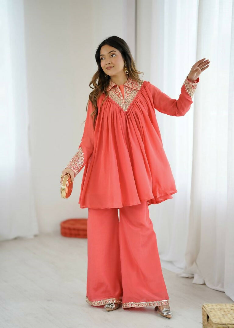 Teeya Creation Fenta Heavy Chinnon Silk Embroidery Work Plazo pair | Grocsy
