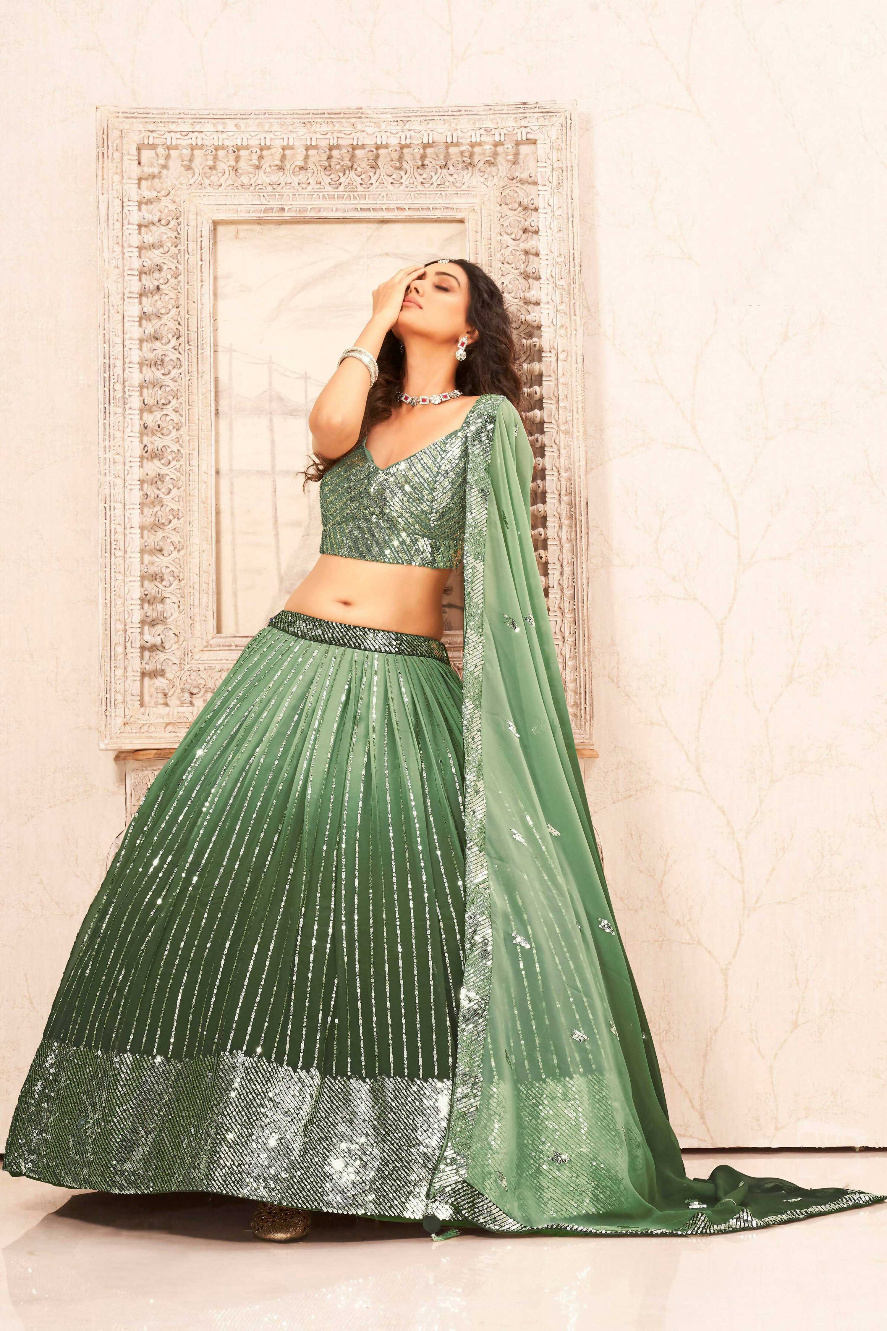 Green Faux Georgette Heavy Sequence work Lehenga Choli with Dupatta - Dhvani | Grocsy