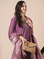 Mouve PV Chanderi Embroidery Work Kurta Set - Riya | Grocsy