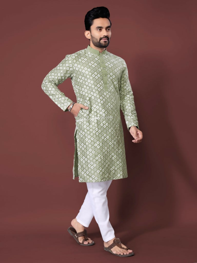 Light Green Mens Kurta with Pyjamas for Function by Infinity Export | Grocsy
