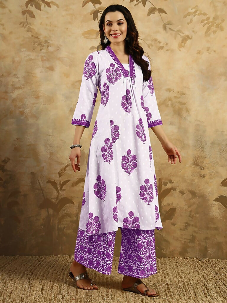 Purple Cotton Blend Printed Anarkali Suit with Dupatta - Rashmika | Grocsy