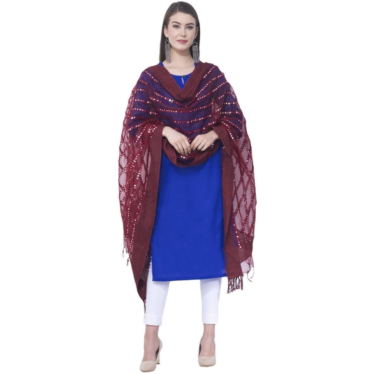 A R Silk Mehroon Color Mirror Stripe Orgenza Cotton Dupattas and Chunnis | Grocsy