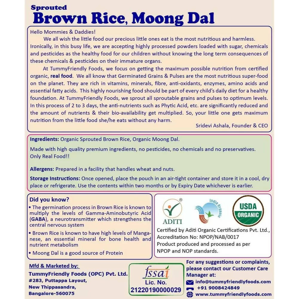TummyFriendly Foods Organic Sprouted Brown Rice, Moong Dal Porridge Mix | Grocsy