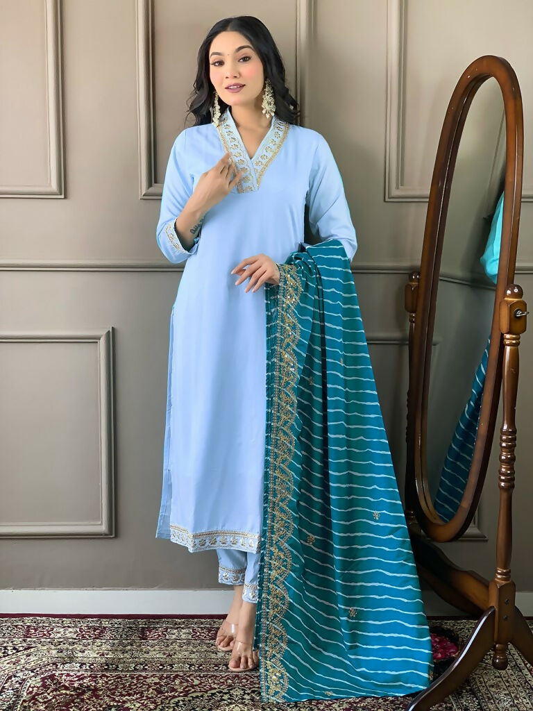 Partywear Designer Viscose Silk Blend Sky Stitched Suit With Dupatta - Tanisha | Grocsy