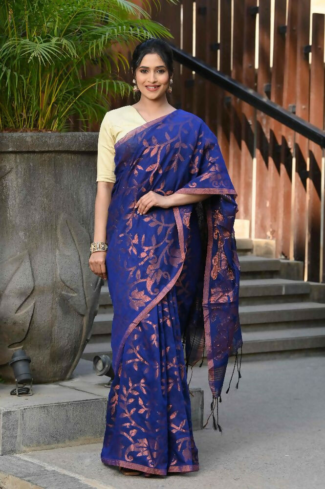 Beatitude Blue Cotton Floral Jamdani Saree | Grocsy