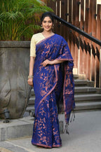 Beatitude Blue Cotton Floral Jamdani Saree | Grocsy