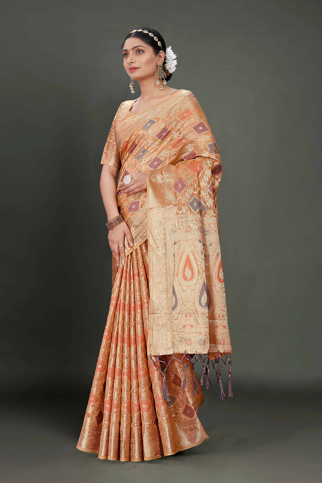 Peach Soft Organza Woven Design Saree With Unstitched Blouse Piece - Zaara | Grocsy