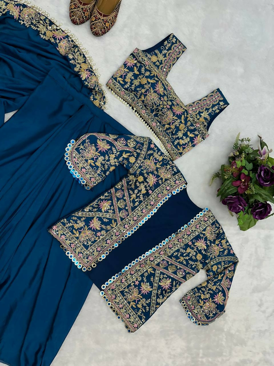 Teeya Creation Teal Color Chinon Silk Embroidery Work Ready To Wear Party Wear Saree With Koti | Grocsy
