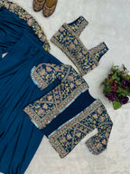 Teeya Creation Teal Color Chinon Silk Embroidery Work Ready To Wear Party Wear Saree With Koti | Grocsy