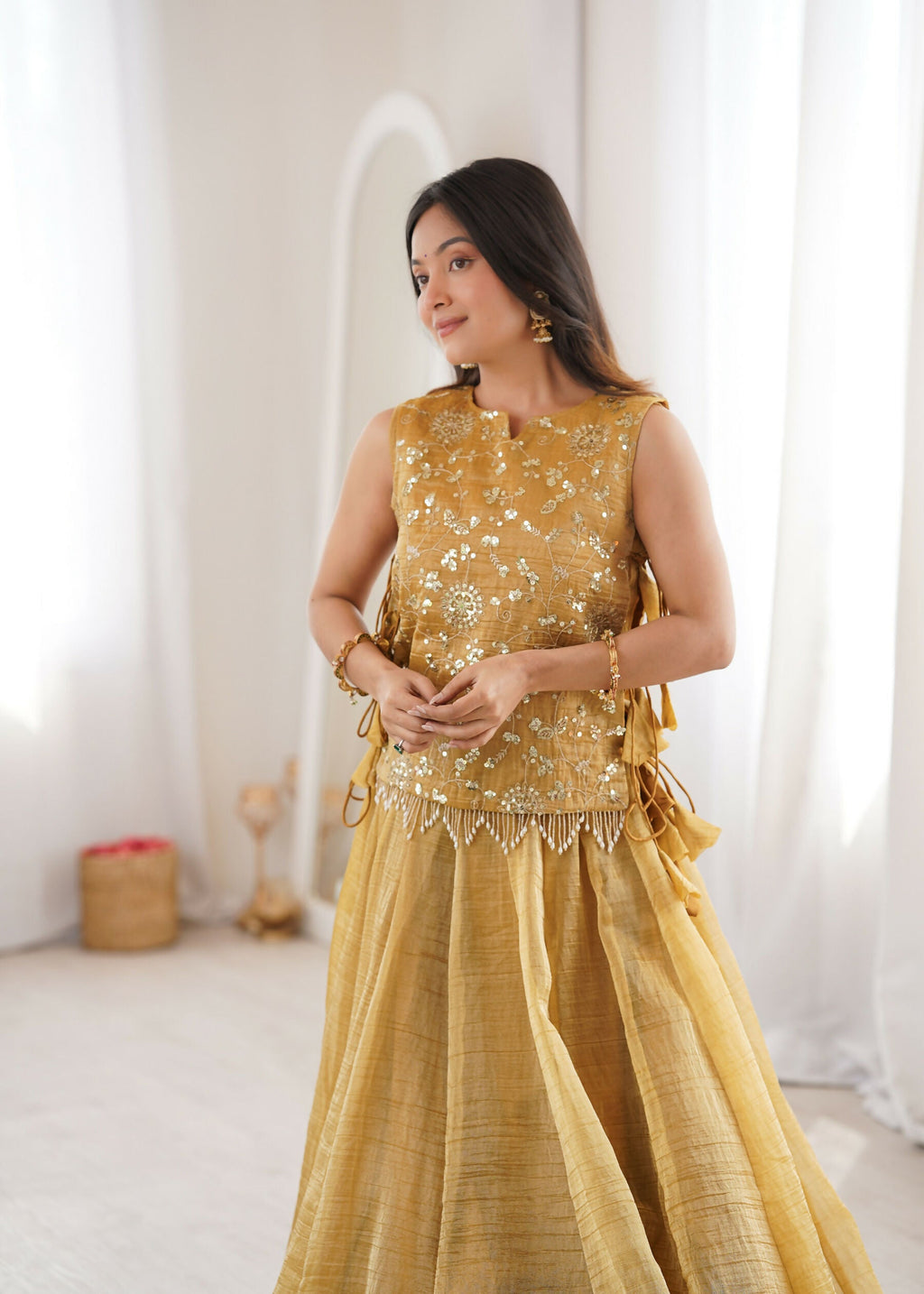 Lorenvalley Fashion Yellow Salsa Crush Plain Lehenga Choli with Koti | Grocsy