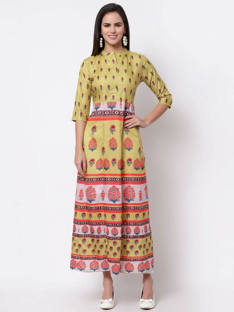 Myshka Women's Multi Cotton Printed 3/4 Sleeve Mandarin Neck Casual Dress | Grocsy