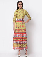 Myshka Women's Multi Cotton Printed 3/4 Sleeve Mandarin Neck Casual Dress | Grocsy