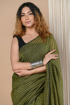 Very Much Indian Designer Pure Cotton Saree With All Over Linear Stripes - Pine Green | Grocsy